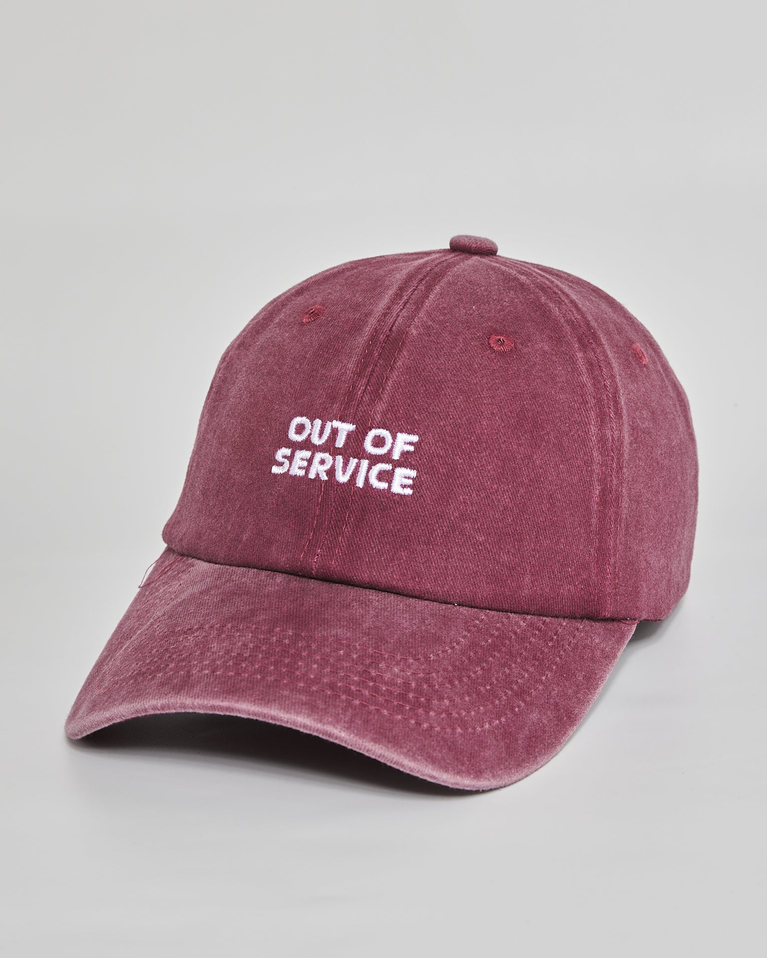 Out of Service burgundy washed cap - side view