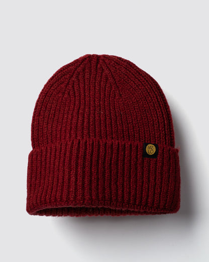 Oxblood Lux Beanie on a light gray background