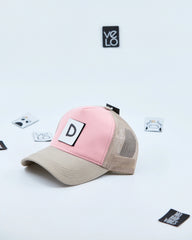Side view of Pink and Beige Customisable Trucker Cap with patches