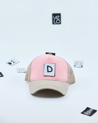 Front view of Pink and Beige Customisable Trucker Cap with patches