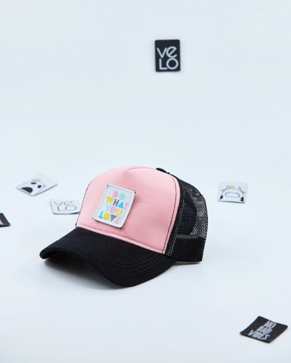 Side view of Pink and Black Customisable Trucker Cap with patches