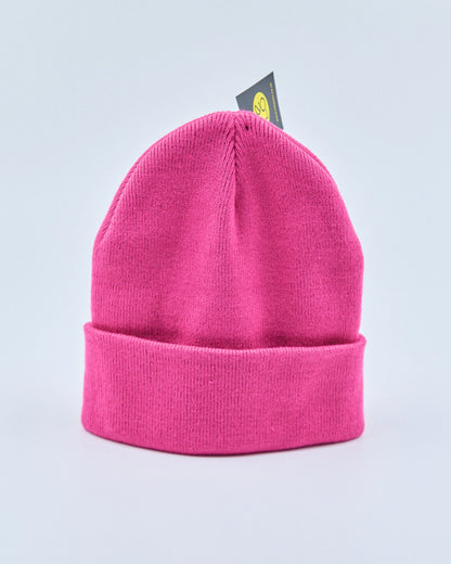 Pink beanie with a brand tag on a light gray background