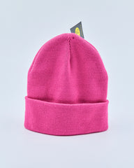 Pink beanie with a brand tag on a light gray background