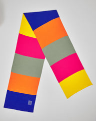 Pop Mix unisex acrylic scarf flat lay in cobalt blue, orange, hot pink, yellow and soft sage