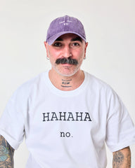 man wearing purple washed cap with 'Love You, Bye' embroidered in white.