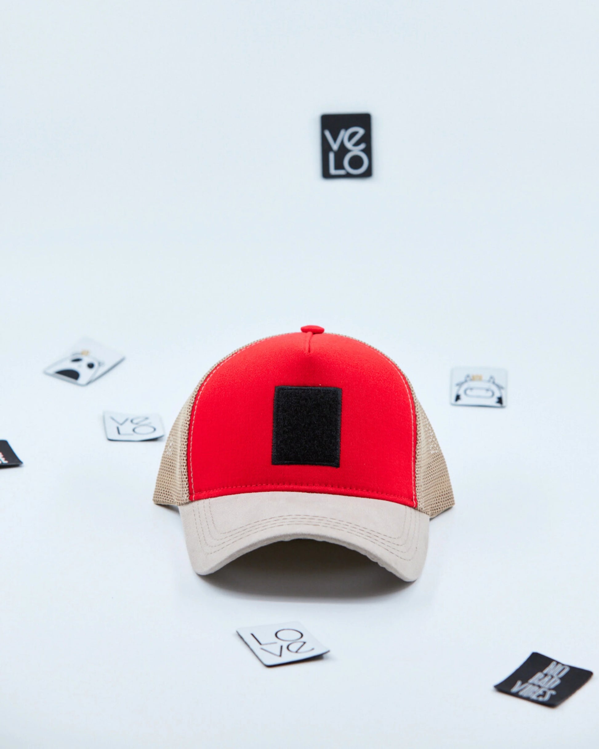 Front view of Red and Beige Customisable Trucker Cap