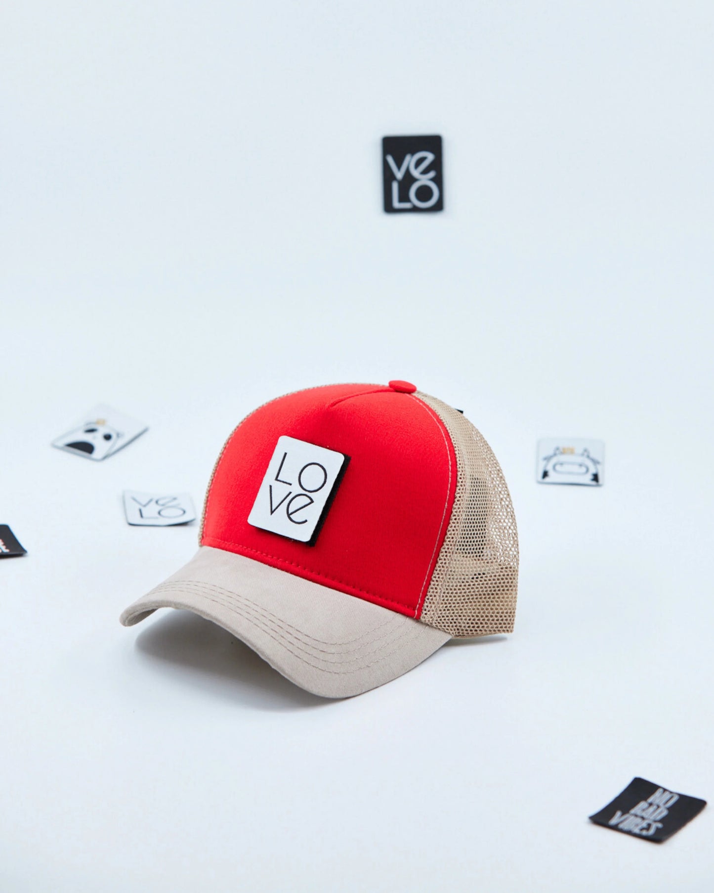 Side view of Red and Beige Customisable Trucker Cap