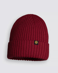 Red Classic Beanie with a logo on a light gray background