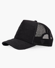 Black trucker cap with embroidered design on a white background