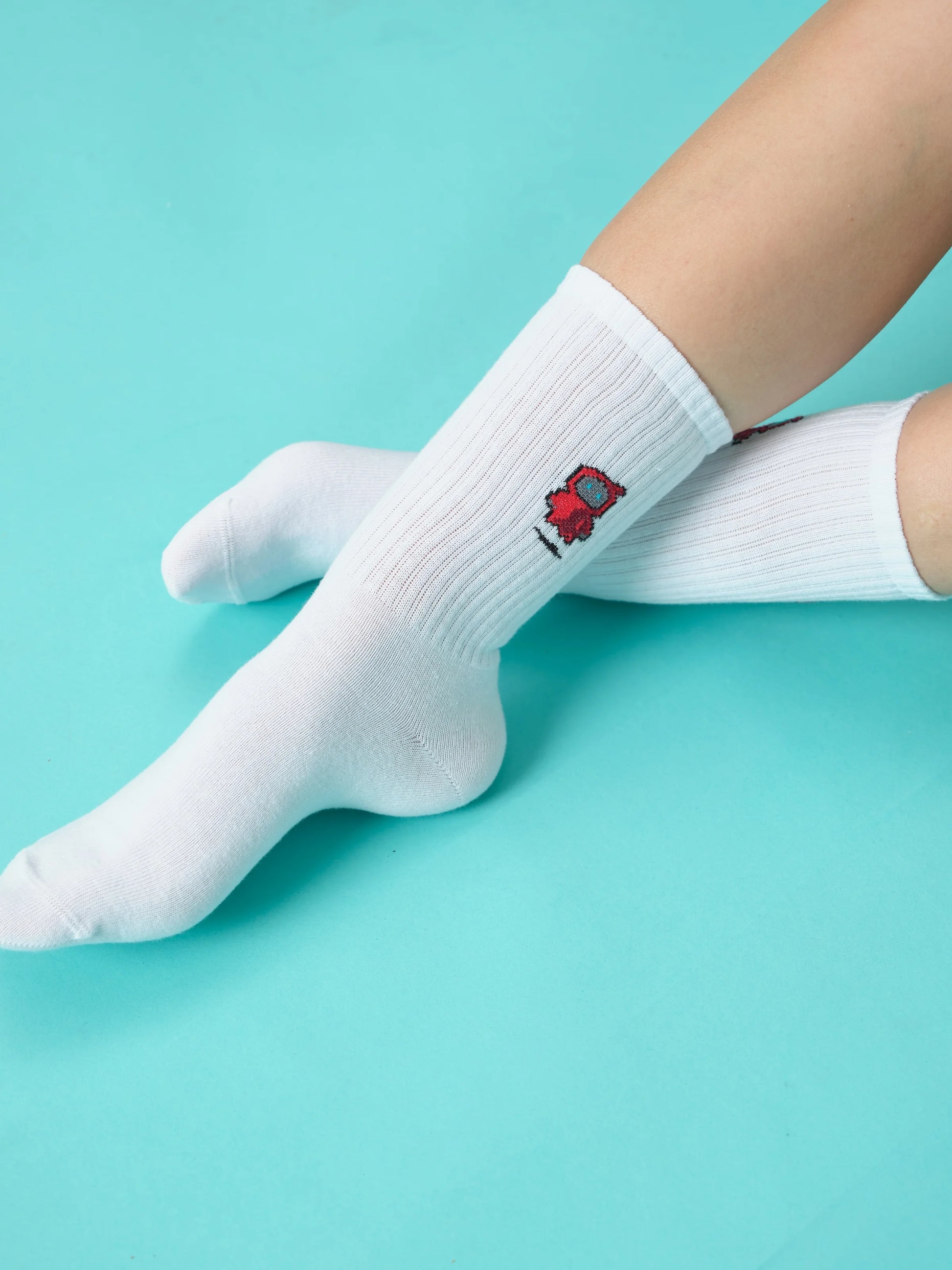 front view of white robot socks