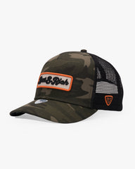 Camouflage trucker cap with orange logo on a white background