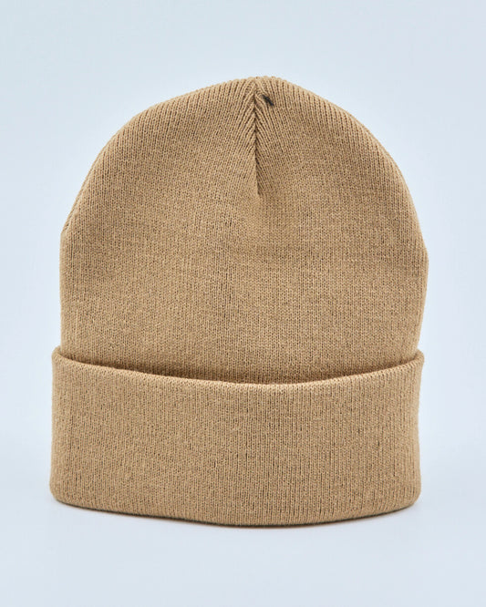 Beige beanie on a light gray background