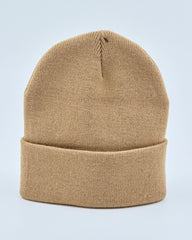 Beige beanie on a light gray background