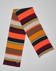 Stripe Grid unisex acrylic scarf flat lay in orange, mustard, burgundy, black, sage, cream and warm brown