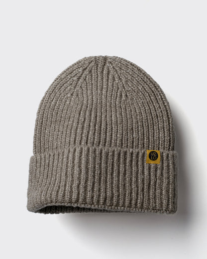 Taupe Lux Beanie on a light gray background