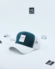 Side view of Teal Green and White Customisable Trucker Cap with patches