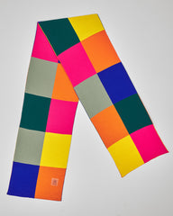 Tetris unisex acrylic scarf flat lay in hot pink, cobalt blue, orange, yellow, forest green and sage