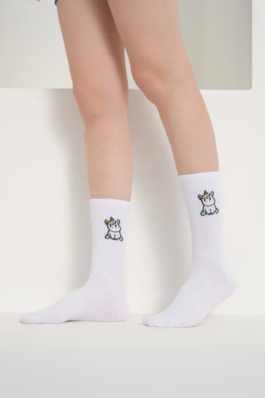 side view of white unicorn socks