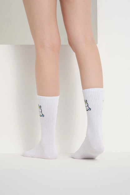 back view of white unicorn socks