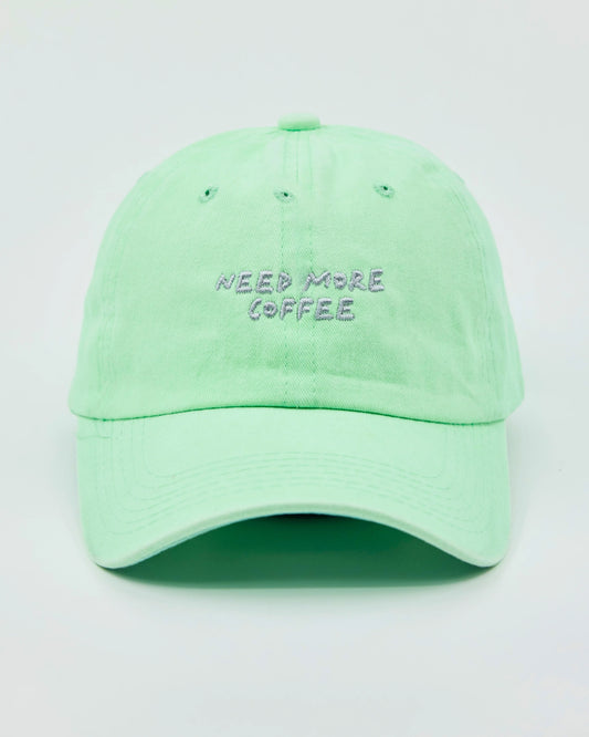 Front view of Need More Coffee Light Green Washed Cap
