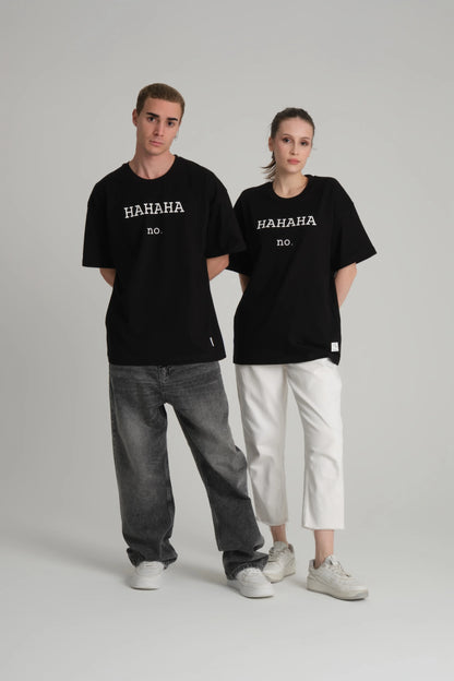 front view of male and female model wearing hahaha no black tee