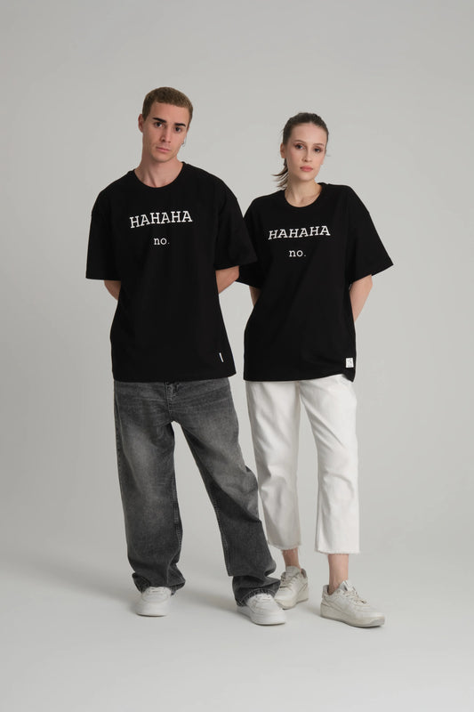 front view of male and female model wearing hahaha no black tee