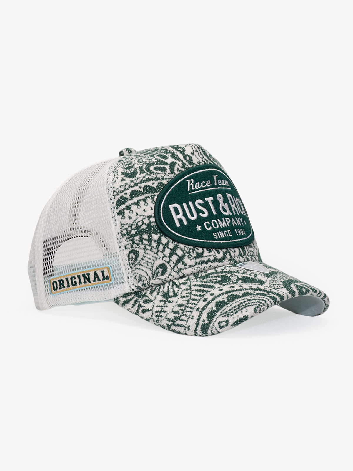Side view of Vintage Race Green Trucker Hat
