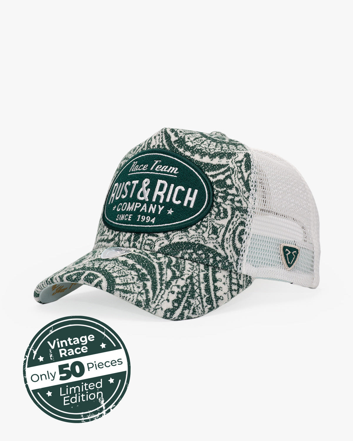 Side view of Vintage Race Green Trucker Hat