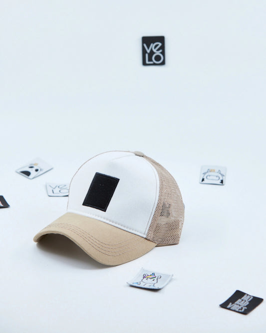 Side view of White and Beige Customisable Trucker Cap