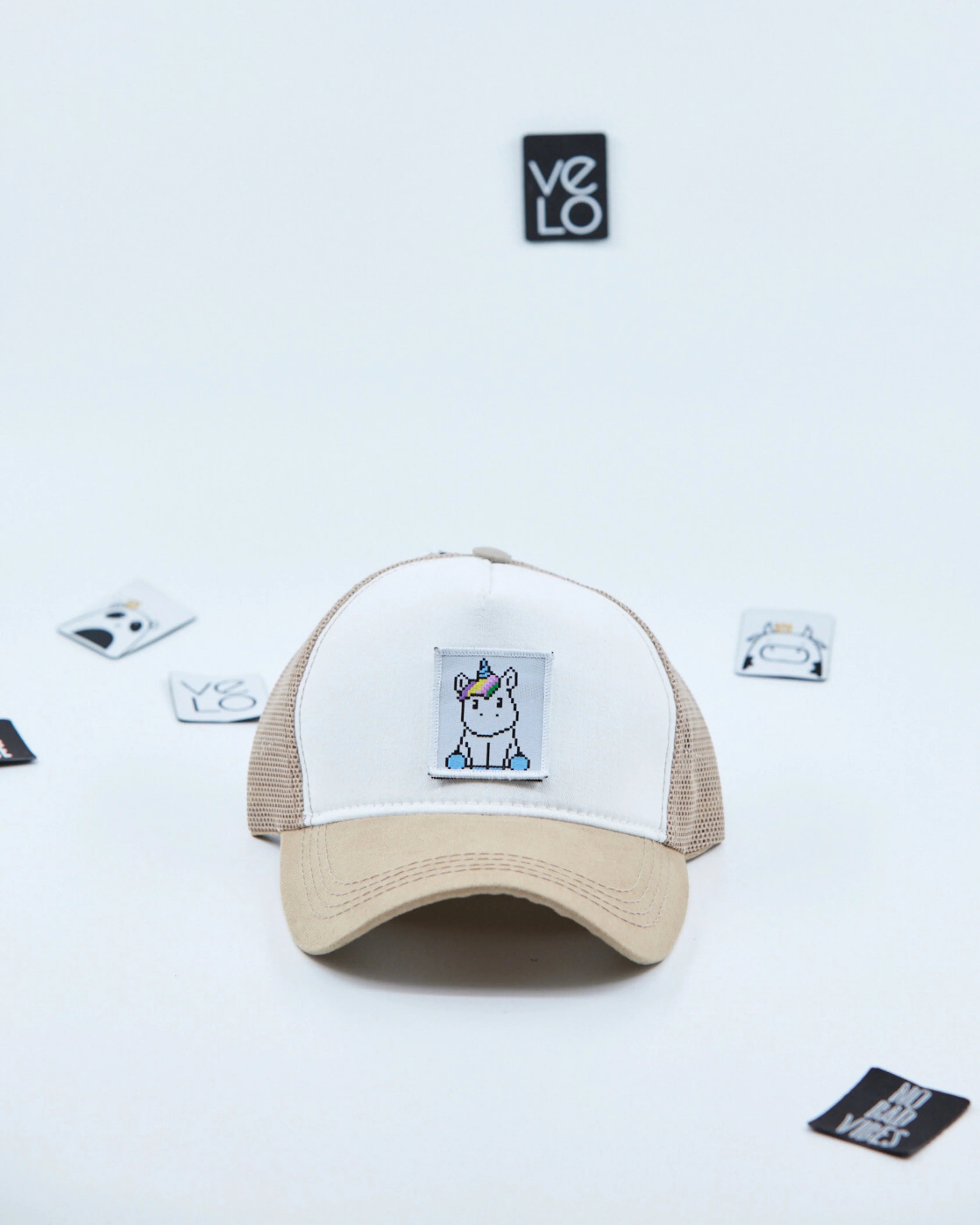 Front view of White and Beige Customisable Trucker Cap