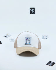 Front view of White and Beige Customisable Trucker Cap