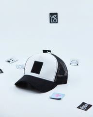 Side view of White and Black Customisable Trucker Cap
