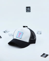 Front view of White and Black Customisable Trucker Cap