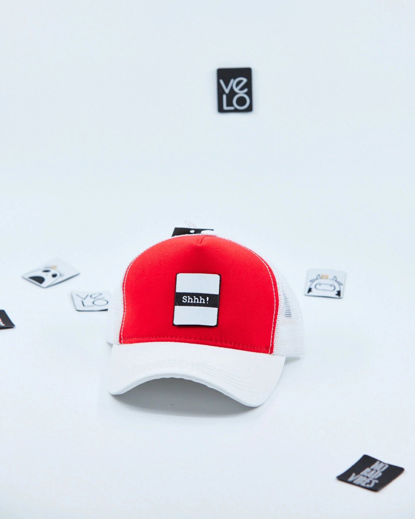 Front view of Red and White Customisable Trucker Cap
