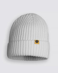 White Classic Beanie with a brand logo on a light gray background
