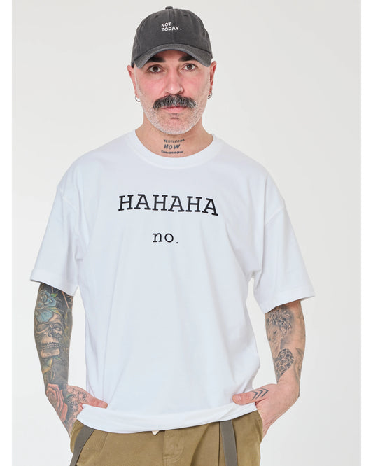 front view of Hahaha No White Tee