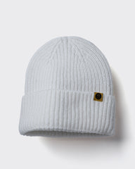 White Lux Beanie on a light gray background