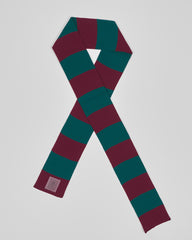 Wine & Pine unisex acrylic scarf flat lay in rich wine burgundy and deep pine green