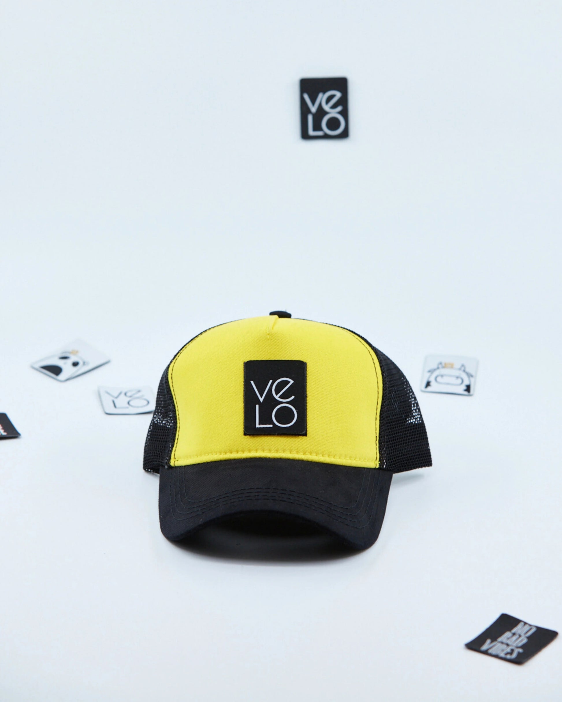 Front view of Yellow and Black Customisable Trucker Cap