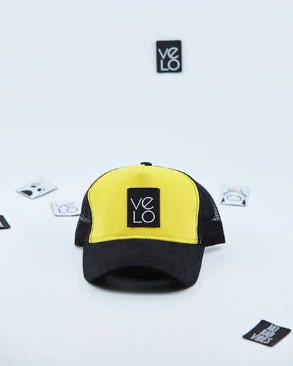 Front view of Yellow and Black Customisable Trucker Cap