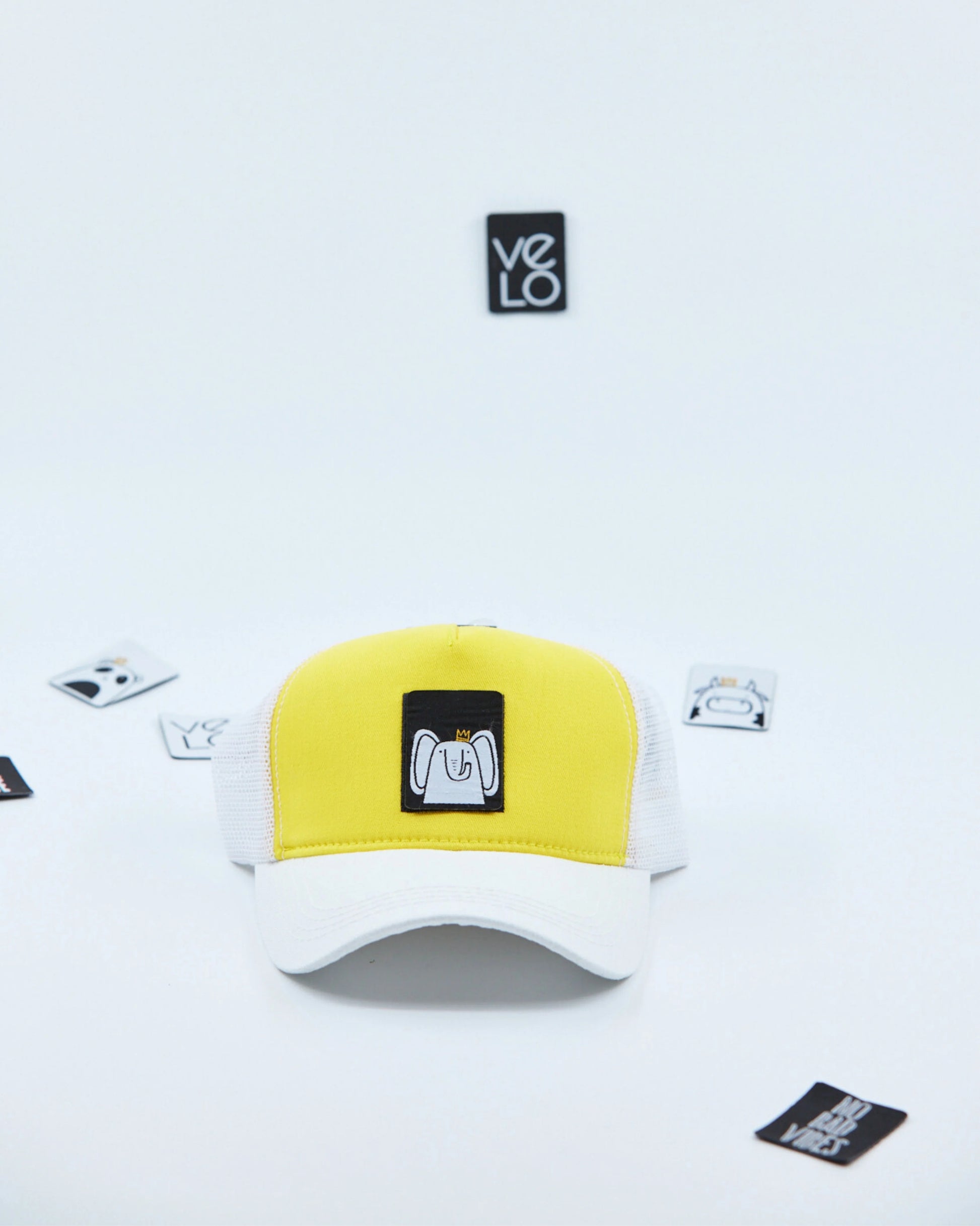Front view of Yellow and White Customisable Trucker Cap