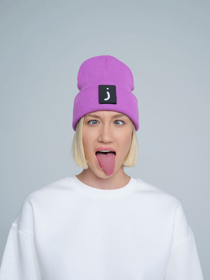 person wearing purple patch ready beanie