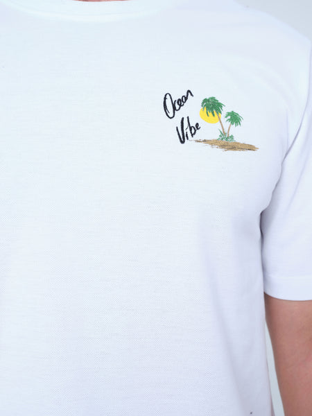 Ocean Vibe Embroidered  white T-shirt